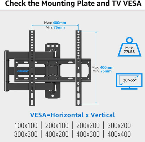 MOUNTUP TV Wall Mount, Single Stud Swivel Tilt Full Motion for Most 26-55 Inch Flat Screen/Curved TVs, Universal