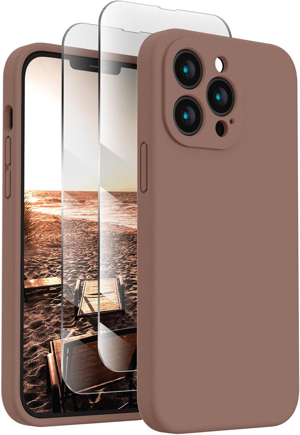 FireNova iPhone 13 Pro Max Case, Silicone Upgraded with Camera Protection, 2 Screen Protectors, Light Brown