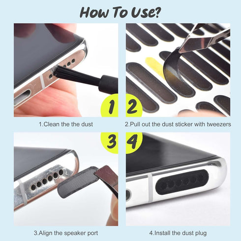 120Pcs Phone Speaker Cover Dustproof Stickers, Anti Dust Sticker Kit with Cleaning Brush & Tweezer for Phone Speaker