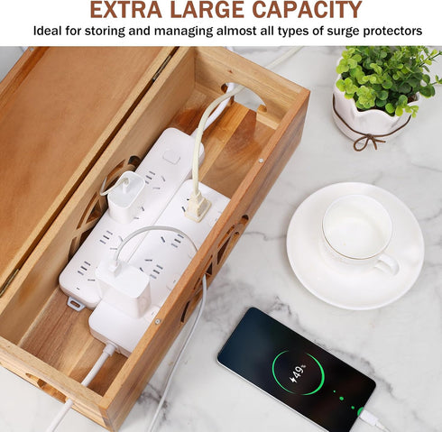 Large Solid Wooden Cable Management Box, Cord Organizer for Extension Cord, Power Stripe, Wire Management Concealer