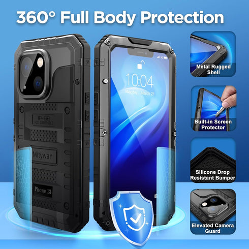 Mitywah Waterproof Case for iPhone 13, Heavy Duty Military Grade Phone Case with Built-in Screen Protector, Black
