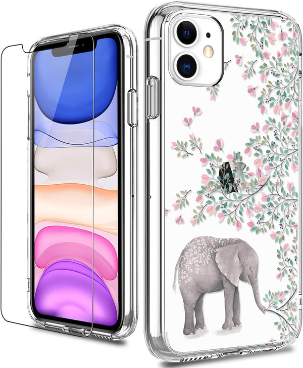 LUHOURI Designed for iPhone 11 Case with Screen Protector, Crystal Acrylic Clear Slim Fit Floral Cover
