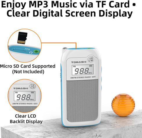 TOMASHI Preset MP3 Tiny Portable AM/FM Radio with DSP, Auto Scan & Channels, Stereo Headphone Output, Micro SD Player