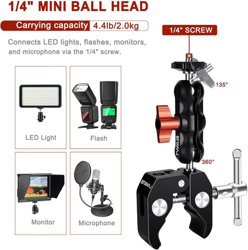 Super Clamp Camera Mount with Double Ball Head Adapter - 360° Rotation, Compatible with Canon Nikon DSLR, Gopro, LED