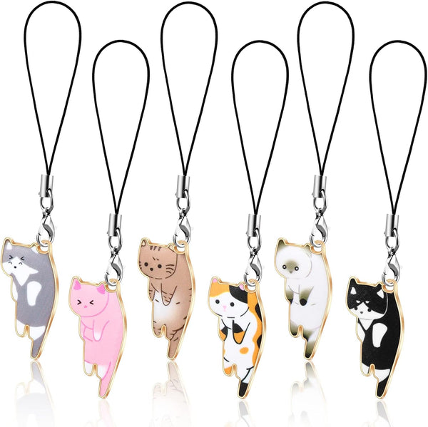 Yinkin 6 Pieces Kawaii Cat Charm for Mobile Phone - Cute Hanging Cat for Backpack, Wallet, Keychain Pendant