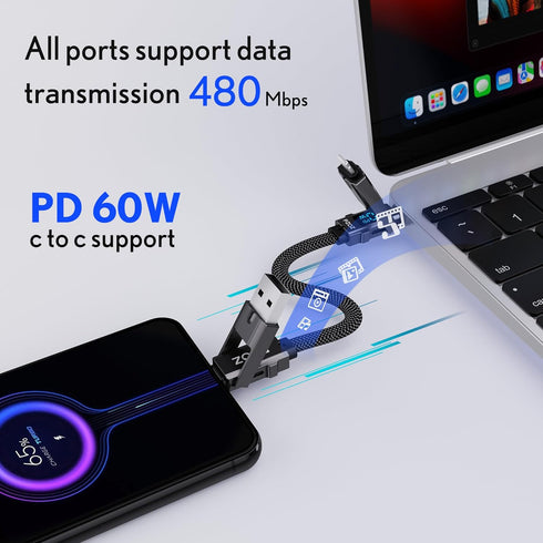 pzoz Portable Keychain Charger Short Cable with LED Display, 4-in-1 Multi USB C Fast Charging Combo for iPhone iPad