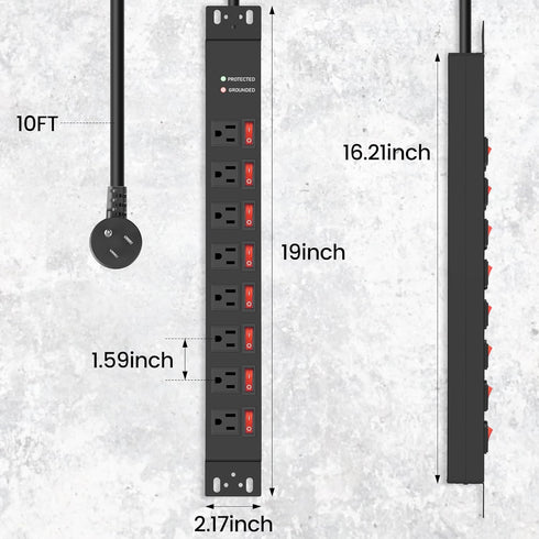 Jgstkcity Strips,8 Switches,1.5U Racks,14AWG Cord,2700J,15A 125V 1875W 10 Rack Mount PDU Power Outlet Surge
