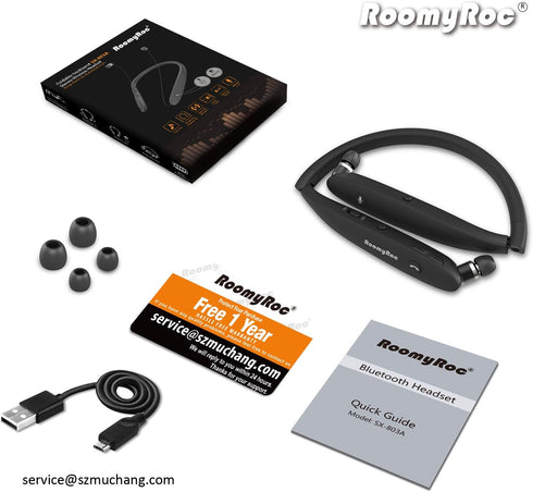 RoomyRoc Bluetooth Headphones, Wireless Neckband Headset with Retractable Earbuds, Sports Noise Cancelling