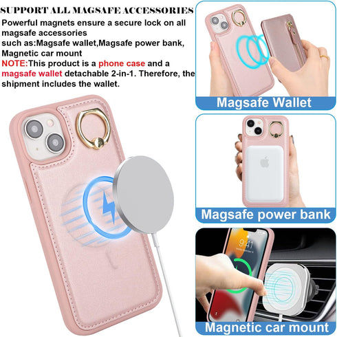 Havaya for iPhone 14 Plus Case for Women with Card Holder iPhone 14 Plus Phone case magsafe Compatible Leather Zipper Phone Wallet Detachable 2-in-1 Magnetic-Rose Gold