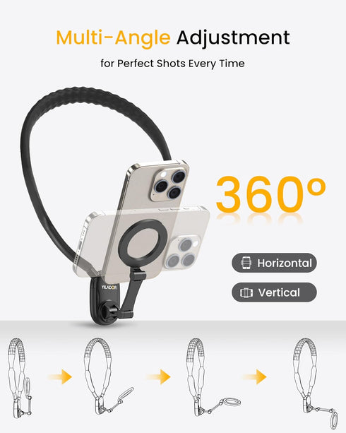 Magnetic Neck Phone Holder for Recording, Adjustable 3-in-1 Mount for iPhone 15/14/13/12 Series & GoPro