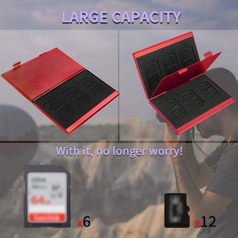 LAVILI SD Card Holder Case, Aluminum Alloy Hard Shell, Double-Layer for 6SD & 12 TF Cards, Red Color