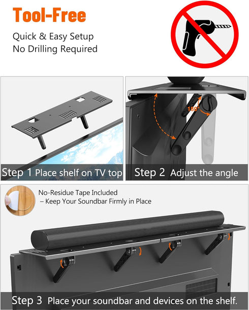 CUISIBOT 15 Lbs, 16.9x4.7inch Soundbar Mount, No Drilling Steel TV Top Shelf Fits Most of Sound Bars Up to Universal