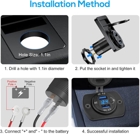 Linkstyle 2PCS 12V USB Outlet, 18W Quick Charge 3.0 Dual USB Power Outlet with ON/Off Switch & Blue LED Voltmeter for
