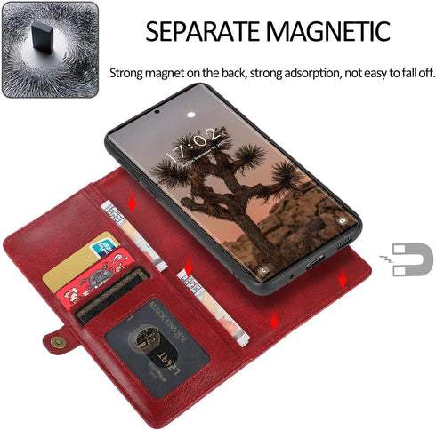 Asuwish Wallet Detachable Cover for Samsung Galaxy S23 Ultra 5G, Leather Flip Credit Card Holder with Magnetic Back, Red