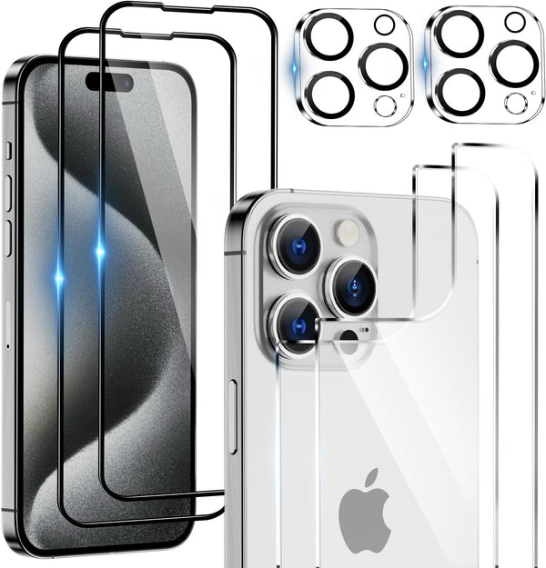 6 in 1 Screen Protector for iPhone 15 Pro Max, 2 Pack Back Protector, Camera Lens Protector, 9H Hardness