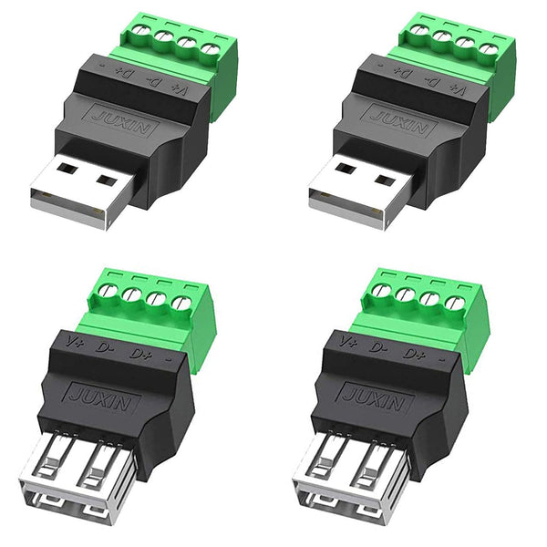 4Packs USB 2.0 Type A Male/Female to 4 Pin Screw Terminal Block Connector, Portable Pluggable Type Adapter