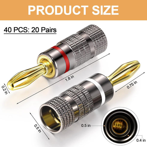 Konohan 20 Pairs/40 Pcs Banana Plug Connectors for Speaker Wire, 24K Gold Plated, Dual Screw Lock for Audio Video