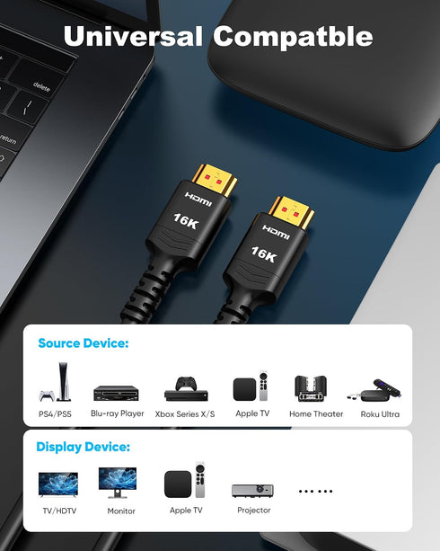 16K 10K 8K 10FT, 8K@120Hz 144Hz 2.2 96Gbps, Highwings HDMI Cable HDMI Cord Ultra High Speed Durable, Flexible