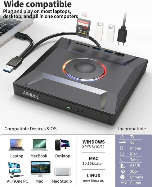 ASHDOL Drive,7 1 3.0 External CD DVD in USB and Type-C Disc Reader Writer Burner Player,Slim and Portable CD DVD +/-RW