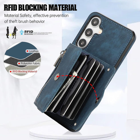 Phone Case for Samsung Galaxy S24 5G - Wallet Cover with Tempered Glass Screen Protector, Blue