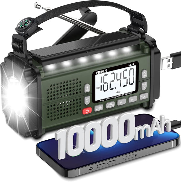 PRUNUS 924 10000mAh Hand Crank Radio, NOAA Weather Radio, USB Charging, Torch & Reading Light, Camping