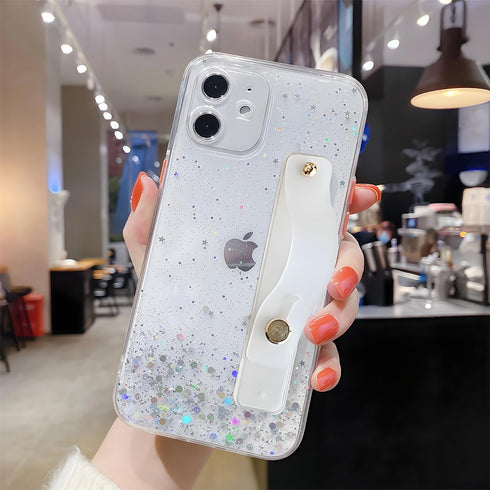 siduater Strap Holder Case for 6.1" iPhone 12 with Wristband Kickstand, Bling Glitter Clear Cover Soft TPU Bumper