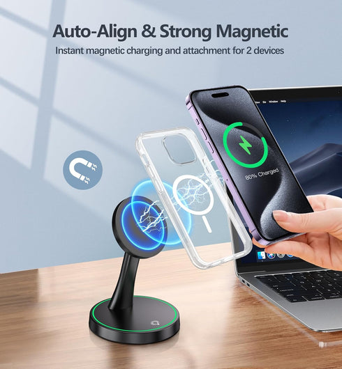 Magnetic Wireless Charger Stand - 15W Fast Mag-Safe Charger for iPhone 15/15 Pro/15 Plus/15 Pro Max/14/13/12 Series,