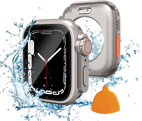 2 in 1 Waterproof Case for Apple Watch 45mm, Tempered Glass Protective PC Back Cover Accessories