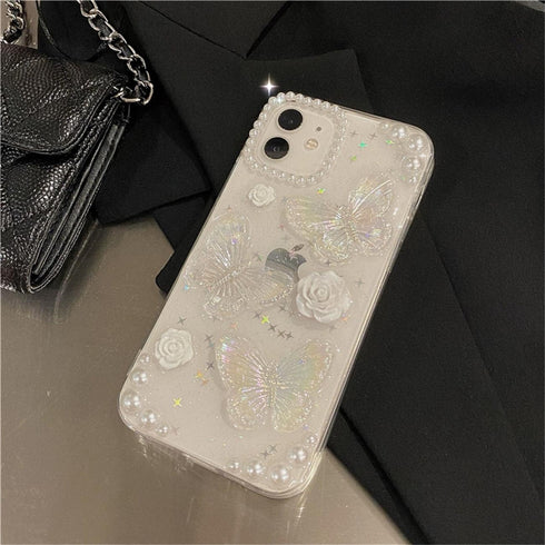 Fycyko 3D Butterfly Floral Clear Phone Case for iPhone 7/8/SE - Cute, Sparkly, Protective Cover with Chain for Girls.