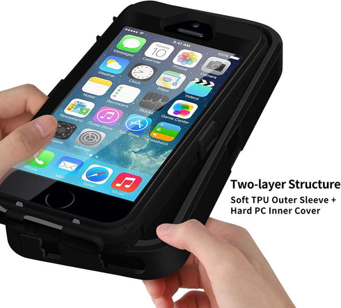 ACAGET Heavy Duty Case for iPhone SE 2016, Black, Shock-Absorbing Dual Layer Rubber TPU + PC Cover, Non-Slip