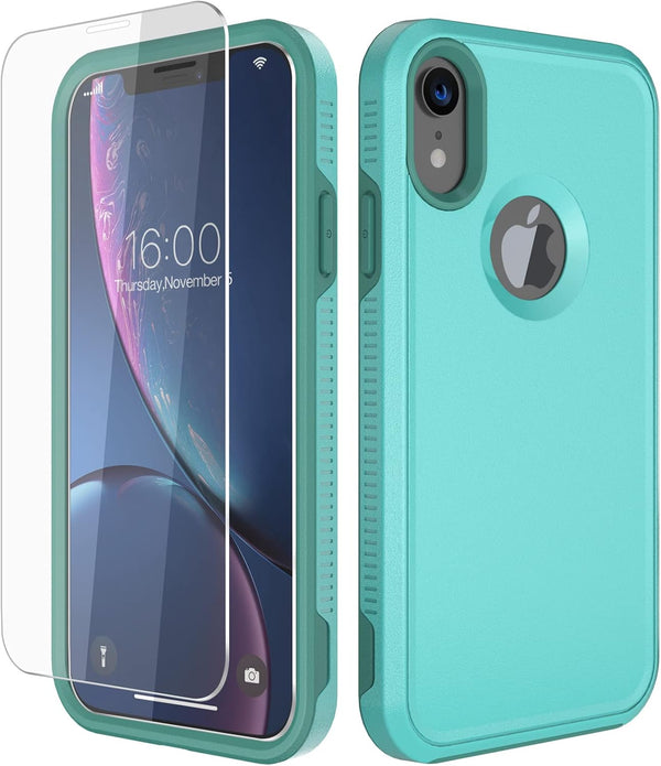 Diverbox iPhone XR Case, Teal, with Tempered Glass Screen Protector, Shockproof & Dropproof Heavy Duty Protection