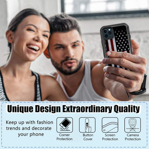 Compatible iPhone 12 Case with Screen Protector, Retro American Flag Design for Men Boys, 3-in-1 Heavy Duty Protection