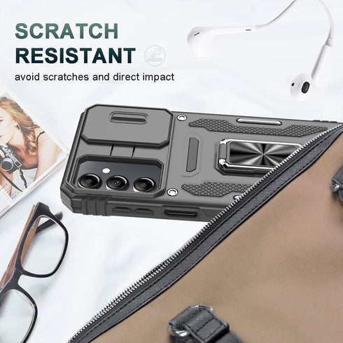 Samsung Galaxy A15 5G Case with Sliding Camera Cover & Tempered Glass Screen Protector, Rotatable Ring Holder Kickstand