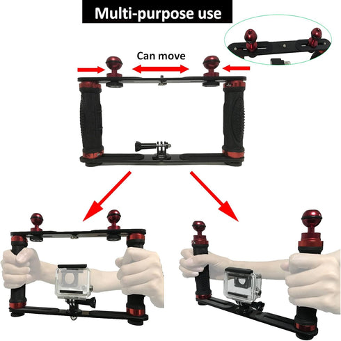 Aluminium Alloy Underwater Video Light Stabilizer Tray with Two Aluminum Alloy 1'' Ball Handle for Action Camera