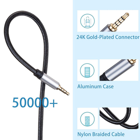 Male to Male Audio Cable 1Ft, 3.5mm 4 Pole Nylon Braided Stereo Aux Cable for Headphones, PS4, Phone, Tablets, PC,