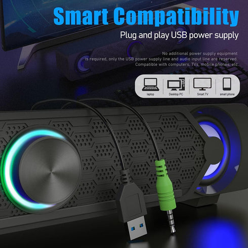 Smalody Small Computer Speakers for Desktop Gaming Monitor, Wired USB Powered Mini Soundbar with Cool LED Light