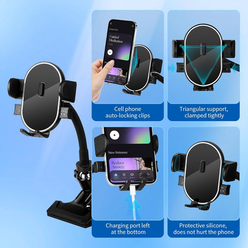 Clip Phone Holder for Desk, 360° Adjustable Gooseneck Arm Clamp Mount for 4-7” Smartphones, Compatible with iPhone