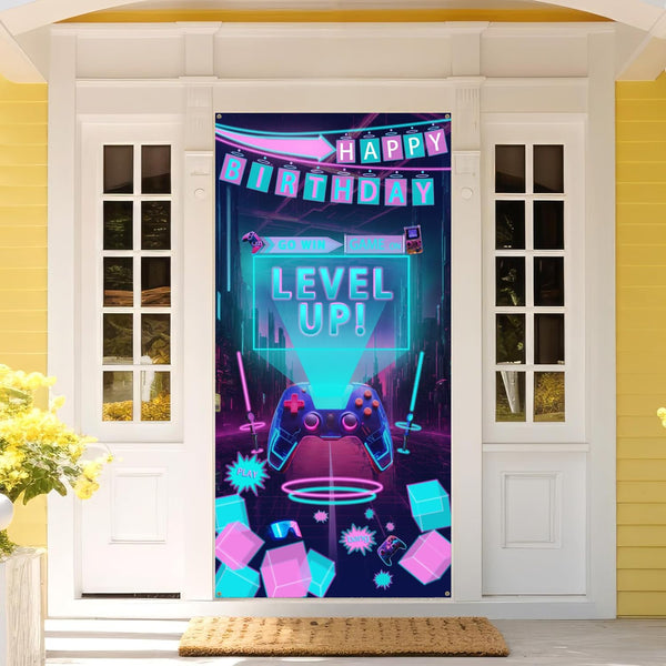 Video Game Happy Birthday Party Door Banner, Level Up Background for Boys Gamer Room Themed Birthday Decoration, 70.8 x