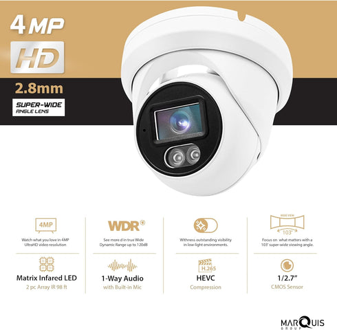 Hikvision/Uniview Compatible 4MP PoE IP Turret Dome Camera with Microphone, IP Security Camera Outdoor Rated,