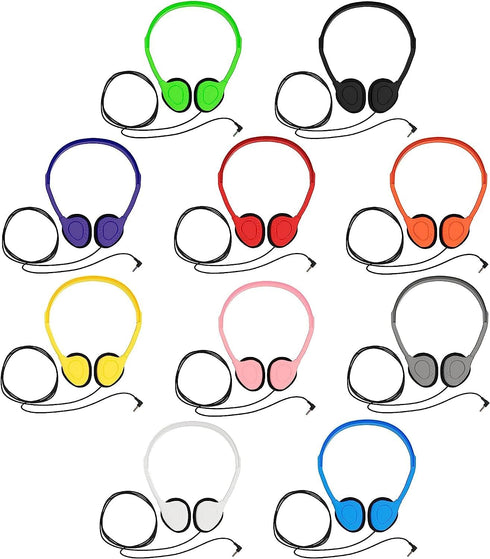 Maeline Bulk Classroom Student Headphones On Ear Stereo Headphones Flexible Adjustable Band for Kids Online Learning, Library, School, Airplane, Travel - 3.5mm Plug - 10 Pack - Multi