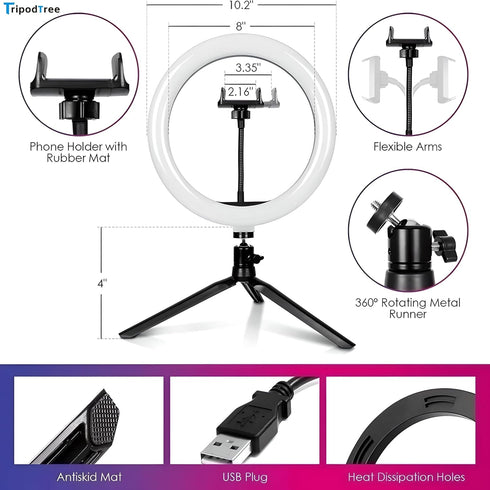 TripodTree 10" 4" 1 Dimmable (STDLR10-V2) Selfie Ring Light with Desktop Tripod Stand & Phone Holder, LED Ringlight