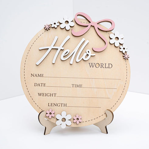 Wooden Baby Announcement Sign 6 Inch Round Birth Stat Plaque with Floral
