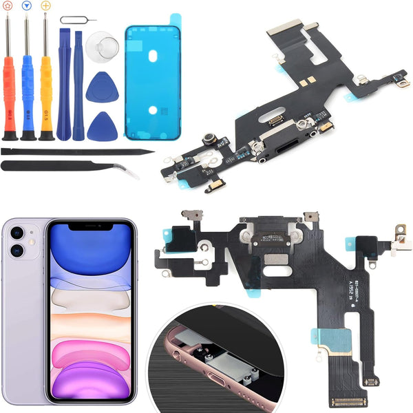 iPhone 11 Dock Connector Charging Port Flex Cable Replacement with Tools (Black) for USB Charger Dock Board