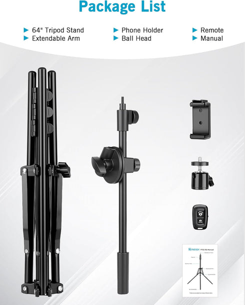 Nineigh 64" 25" 360 Overhead Tripod for iPhone, Phone Tripod Stand with Long Extendable Arm & Remote, Rotating Overhead