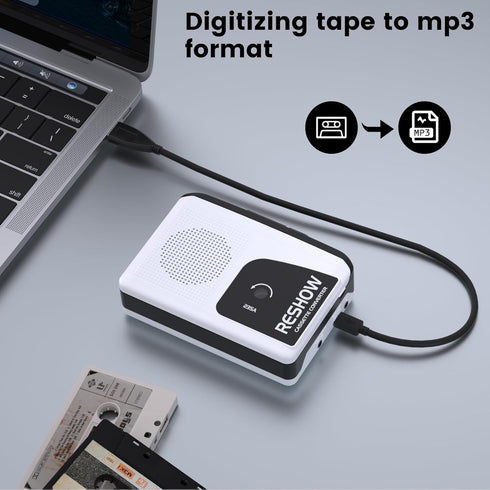 Cassette Cassette MP3 Reshow Player Recorder, Portable to Converter with USB-C, Built-in Speaker, Audio Tape to Digital