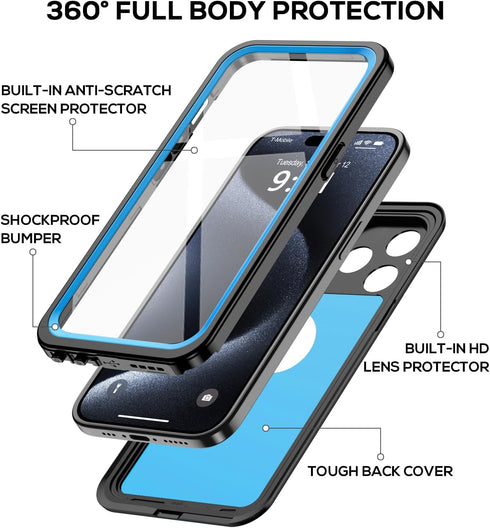 for iPhone 15 Pro Case Waterproof 6.1'', Full Protective Dustproof Shockproof Phone Case with Screen Protector (Blue)
