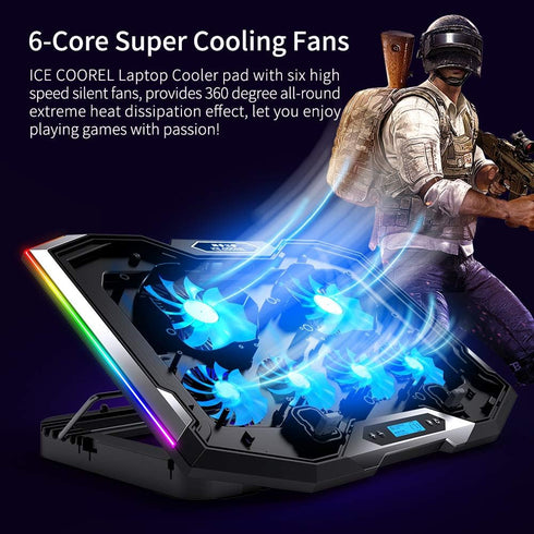 ICE COOREL Gaming Laptop Cooling Pad 15-17.3 Inch, Stand with 6 RGB Fans, Adjustable Height, LCD Screen, 2 USB Ports,