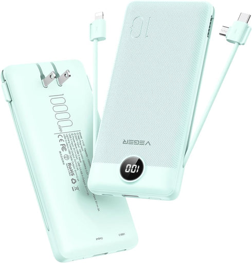 VEGER Portable Charger for iPhone - 10000mAh Slim Fast Charging USB C Power Bank with Built-in Cables, Travel Essential