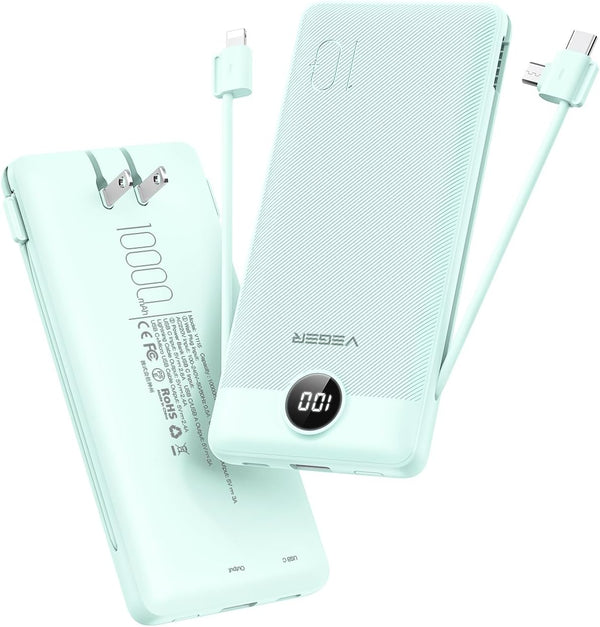 VEGER Portable Charger for iPhone - 10000mAh Slim Fast Charging USB C Power Bank with Built-in Cables, Travel Essential