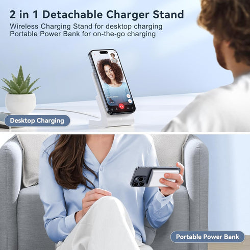 Magnetic Wireless Charger for iPhone: Portable Power Bank 5000mAh - Detachable Mag-Safe Battery Pack Compatible with iPhone 15 14 13 12 Pro Max Pro Plus Mini, with Fast Charging Stand & USB-C Cable